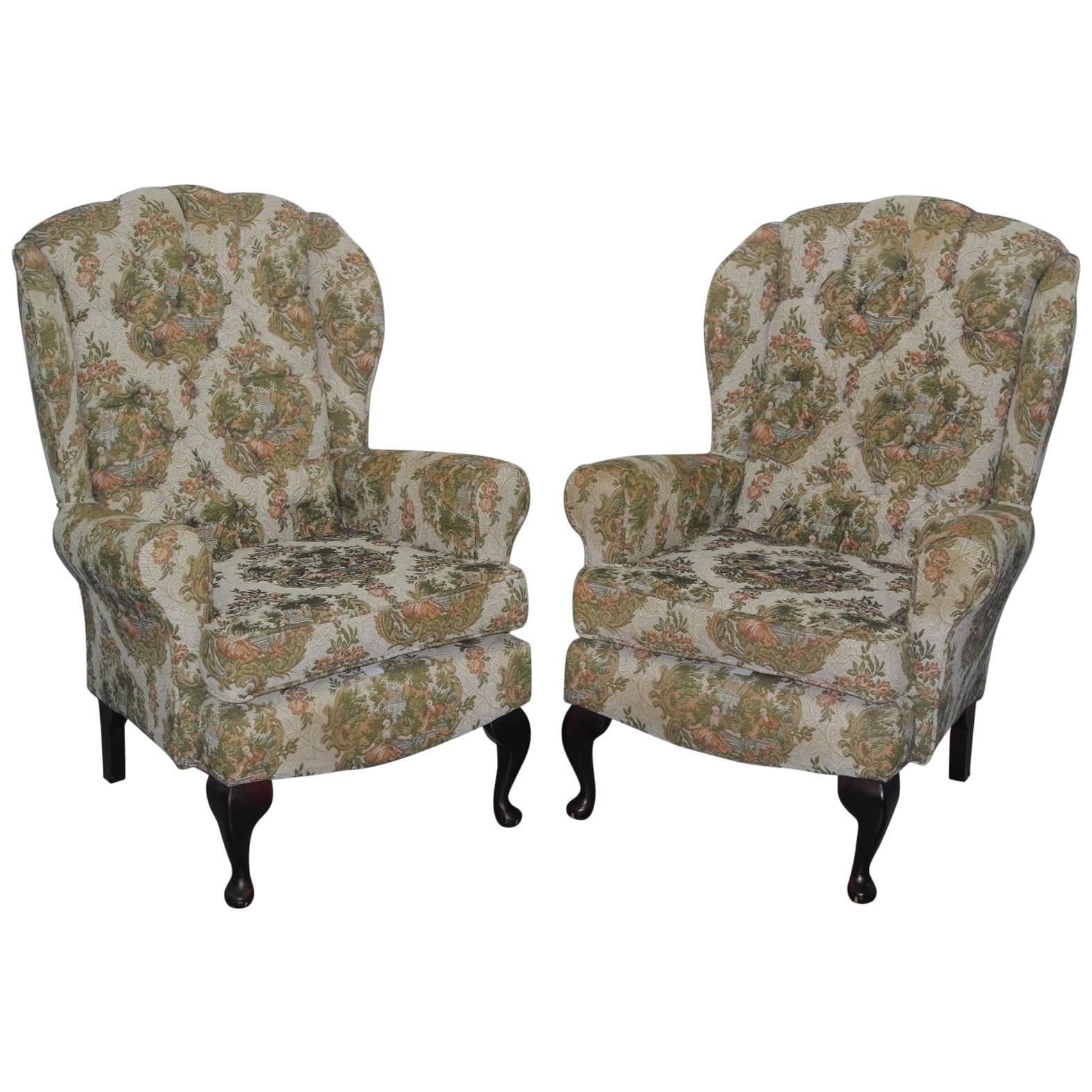 Pair of Embroidered Needlework Upholstered Chesterfield Wingback Armchairs