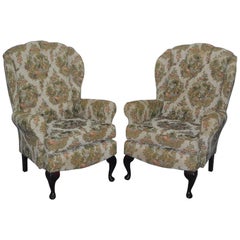 Vintage Pair of Embroidered Needlework Upholstered Chesterfield Wingback Armchairs