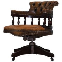 Retro Rare Original 1950s Chesterfield Tan Brown Leather Hillcrest Captains Chair