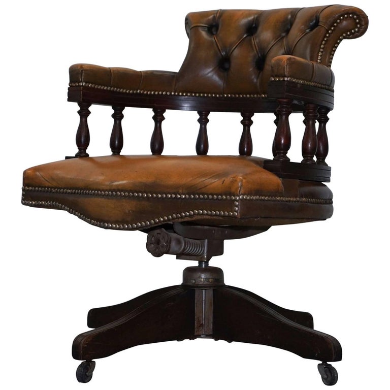 Rare Original 1950s Chesterfield Tan Brown Leather Hillcrest Captains