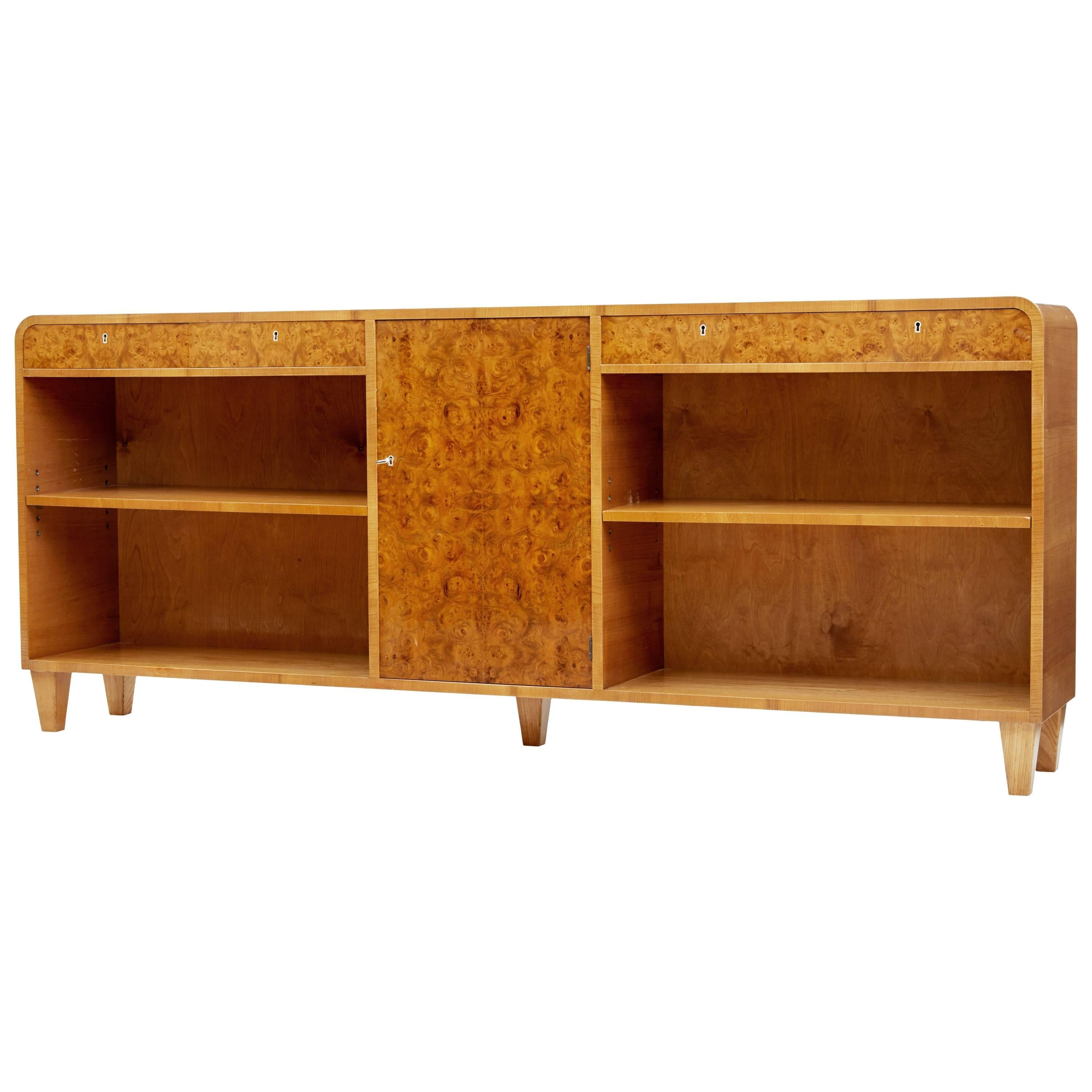 1950s Swedish Burr Elm Low Bookcase Cabinet