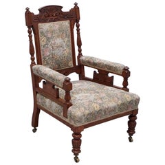 Antique Victorian Embroidered Carved Oak Framed Library Reading Chair Gillows Style Legs