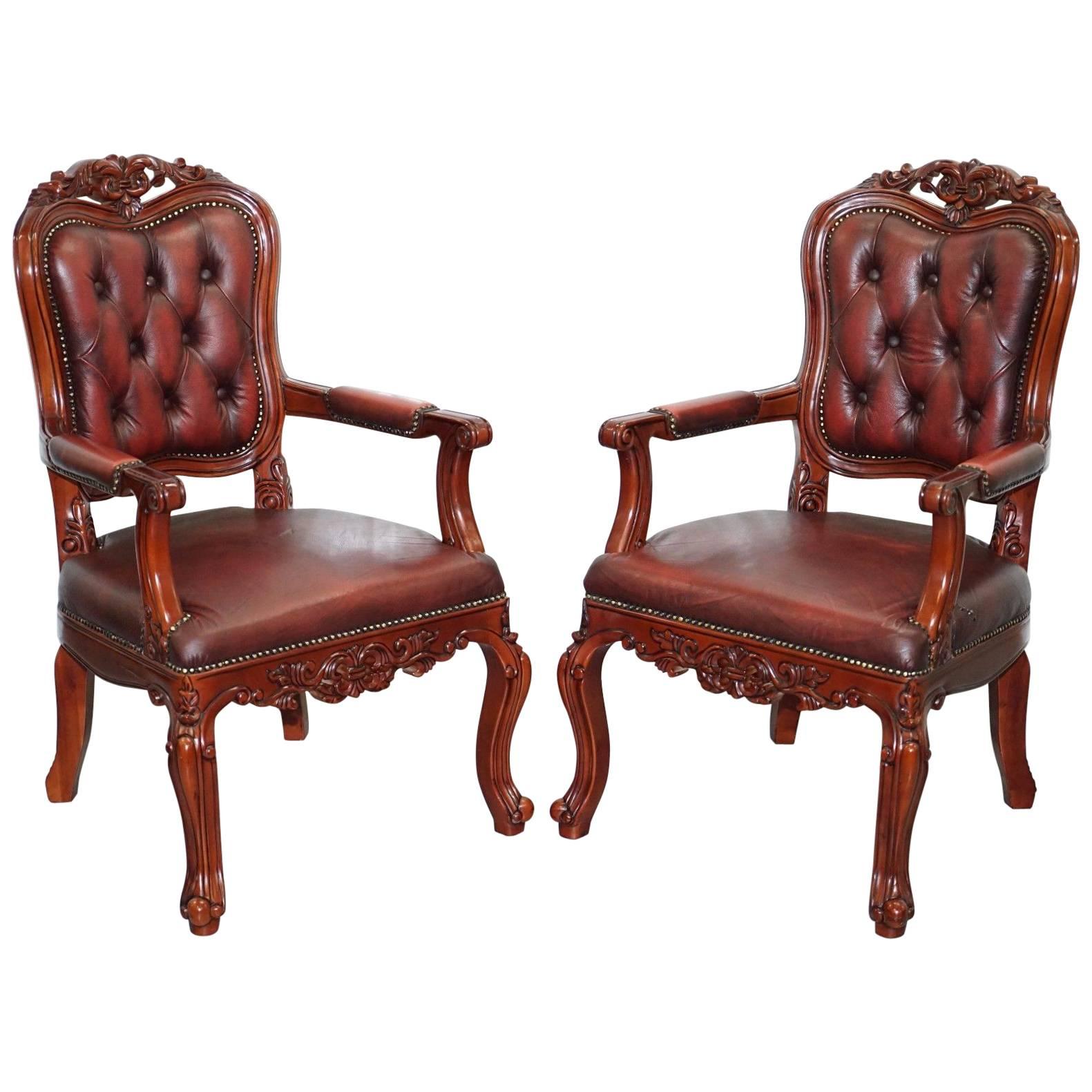 Pair of Chesterfield Vintage French Louis Oxblood Oversized Carved Armchairs
