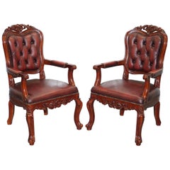 Pair of Chesterfield Vintage French Louis Oxblood Oversized Carved Armchairs