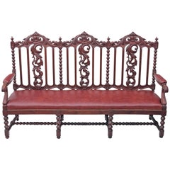 Antique Victorian Carved Oak Leather Settle Hall Seat Bench Gothic Sofa