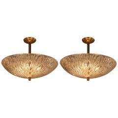 Pair of Large Semi Flush Mount Textured Glass Italian Chandeliers
