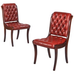 Pair of English Mahogany and Red Tufted Leather Side Chairs, 1950s