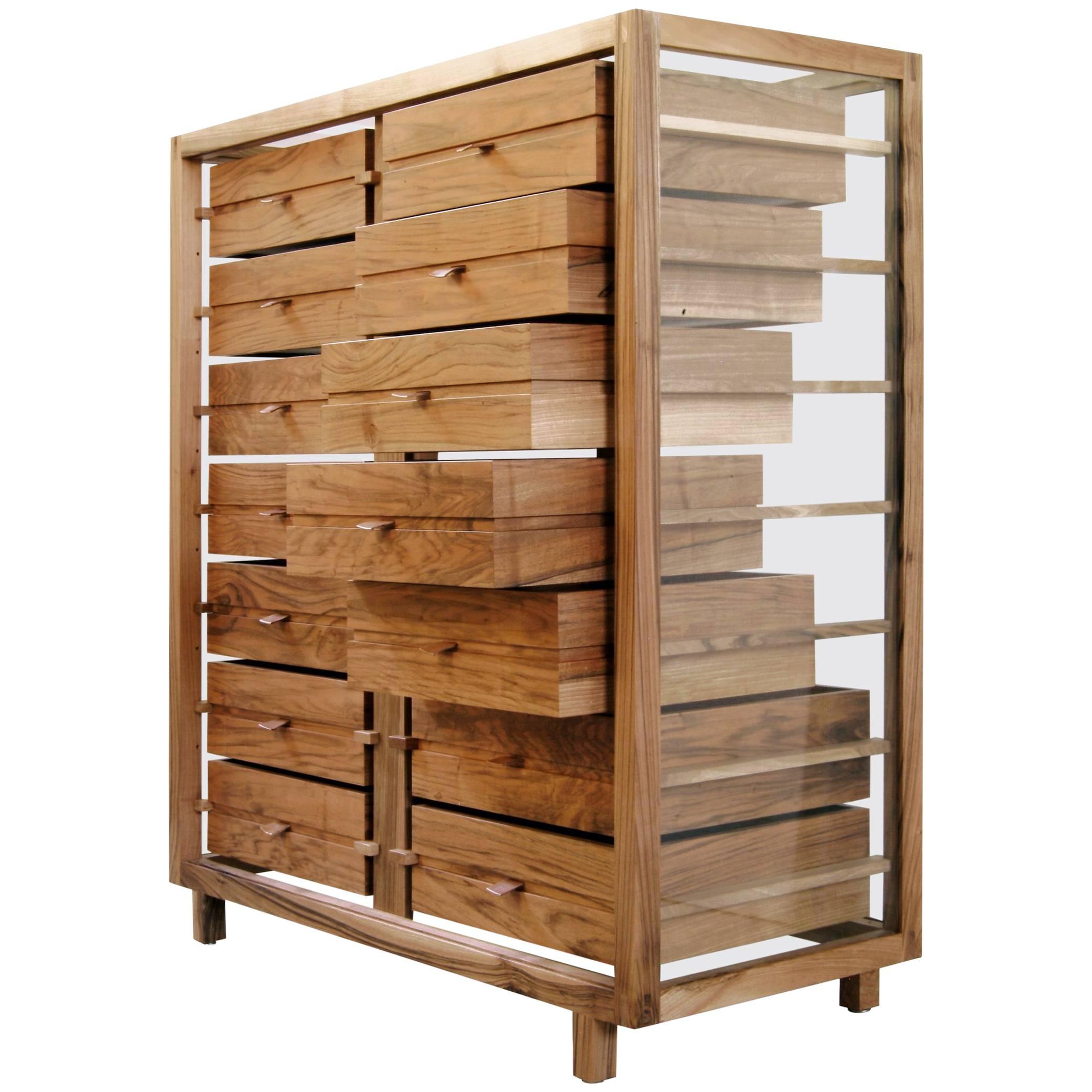 "Optimum" Glass and Walnut Chest of 14 Drawers by Stephane Lebrun for Dessie'