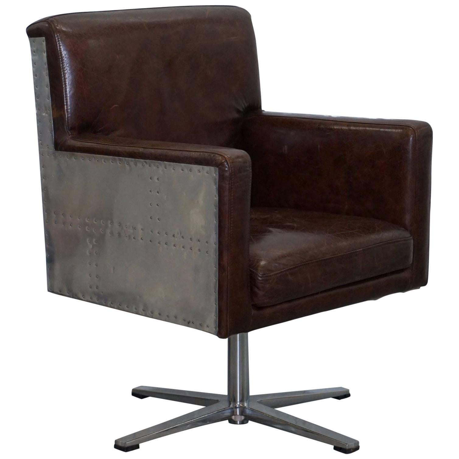 Aged Vintage Brown Leather Aviator Office Chair with Aluminium Hammer Frame Work
