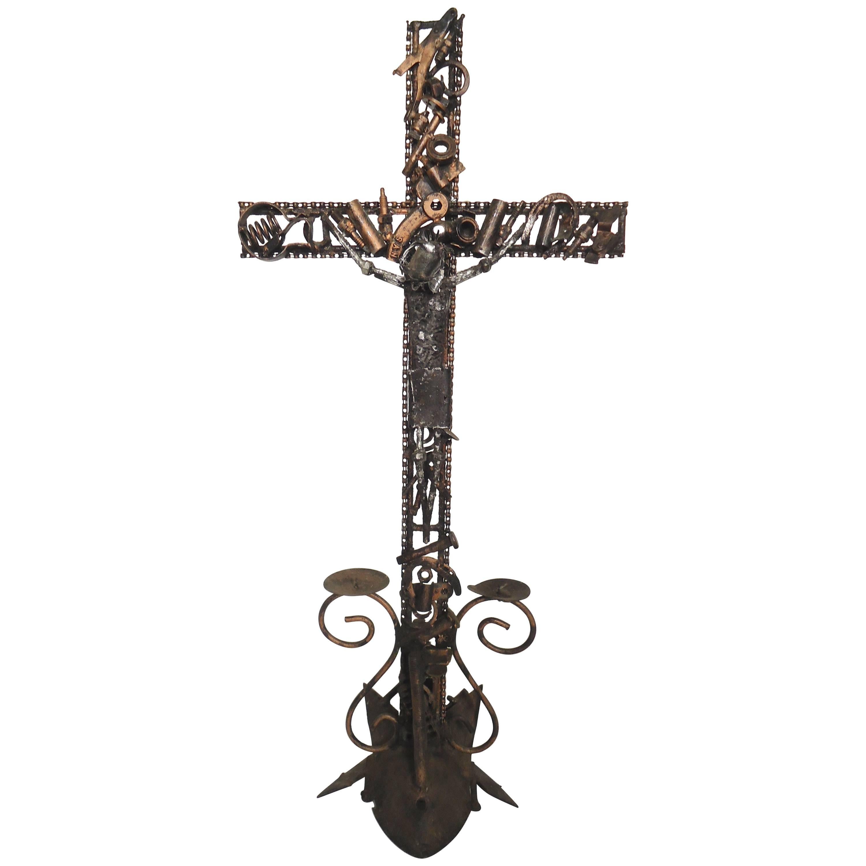 Industrial Style Cross with Candleholders For Sale