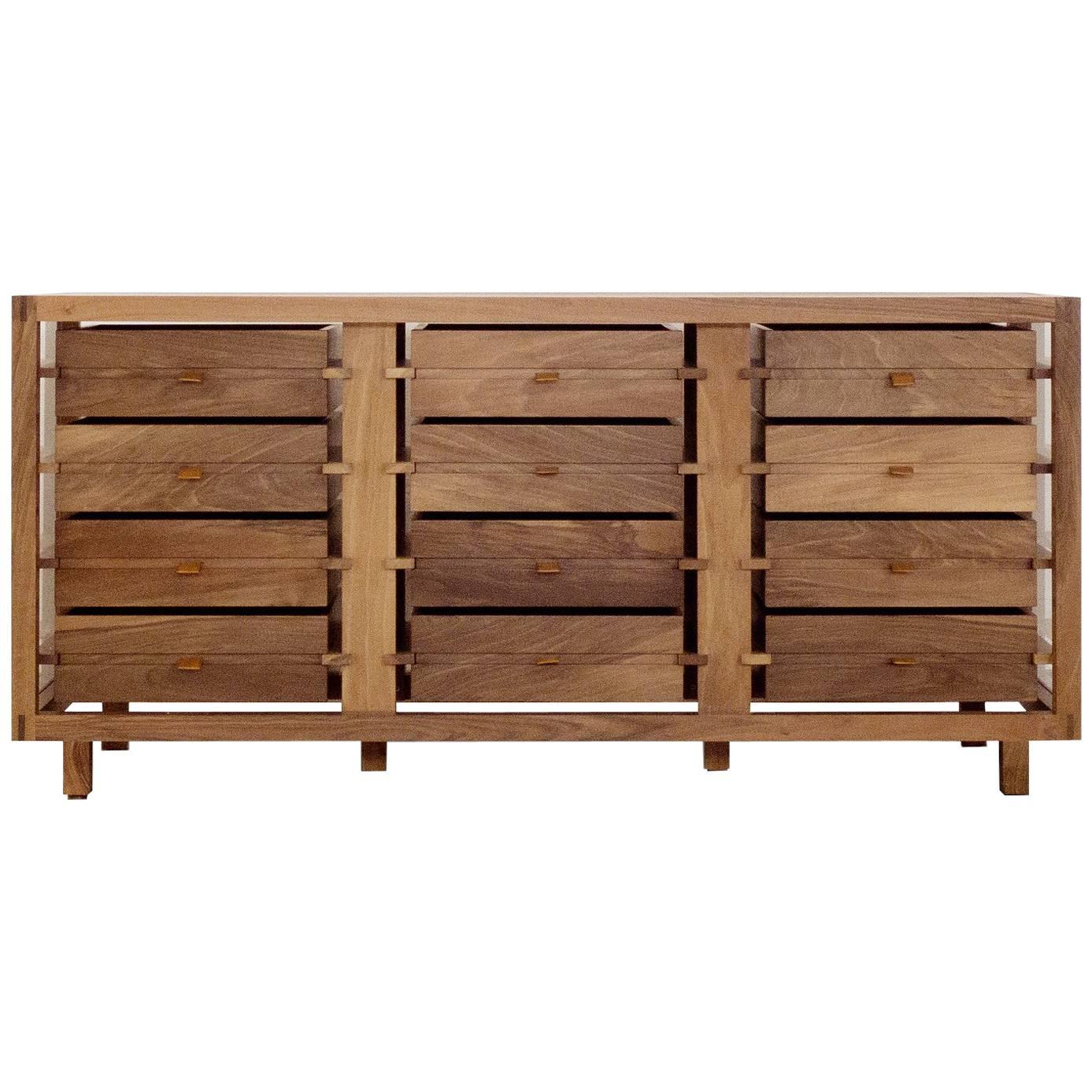 "Optimum" Glass and Walnut Chest of 12 Drawers by Stephane Lebrun for Dessie' For Sale