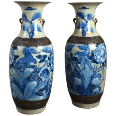 Antique 19th Century Large-Scale Pair of Blue and White and Crackle Glaze Vases