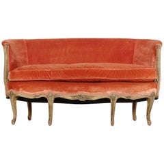 Coral Velvet Upholstered Vintage Canapé Settee Sofa in French Louis XV Taste