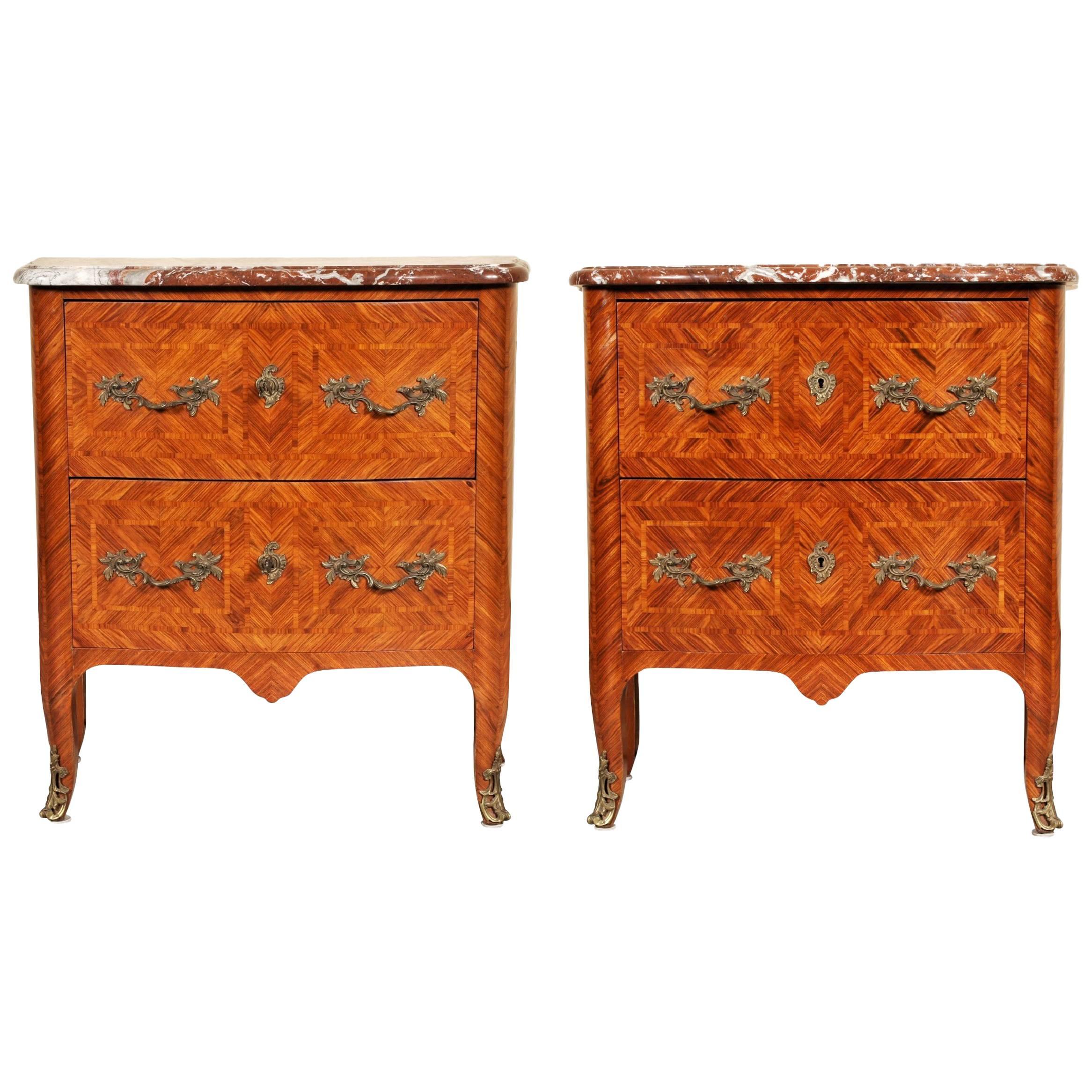 Pair of 1920s Parquetry Marble-Top Commodes