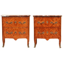 Pair of 1920s Parquetry Marble-Top Commodes
