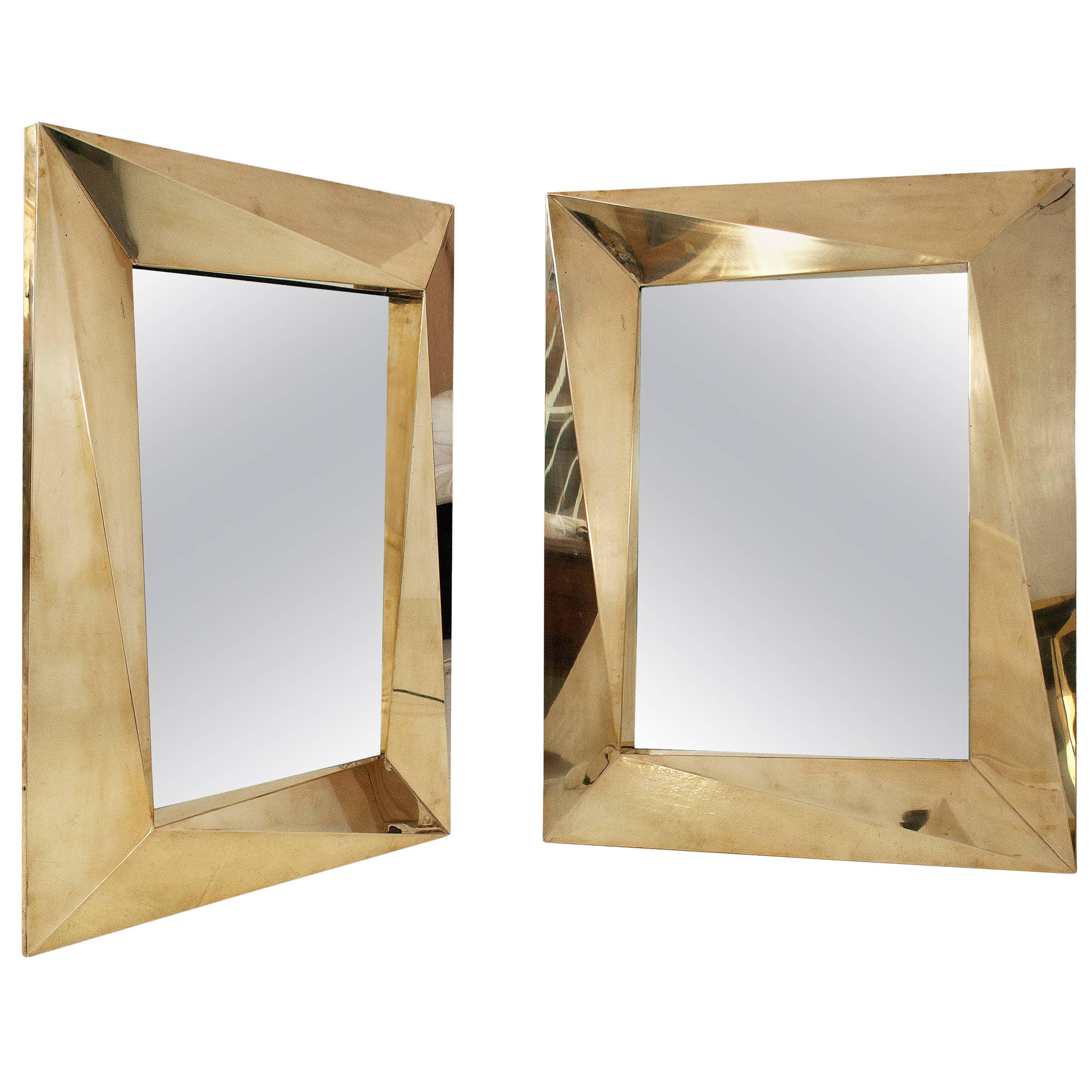 Pair of Brass Brutalist Wall Mirrors, circa 2000, Italy