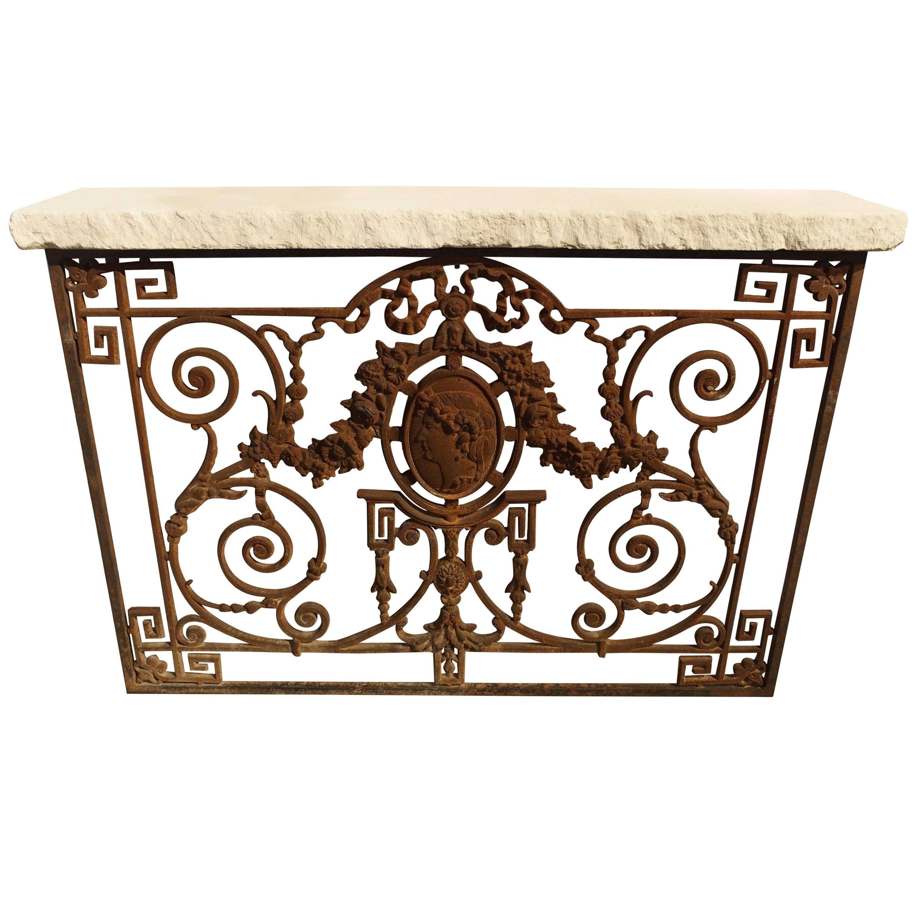 Cast Iron Gate Console Table with Limestone Top from France
