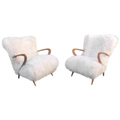 Beautiful Pair of Italian 1960 Armchairs Reupholstered in a Sheep Fur