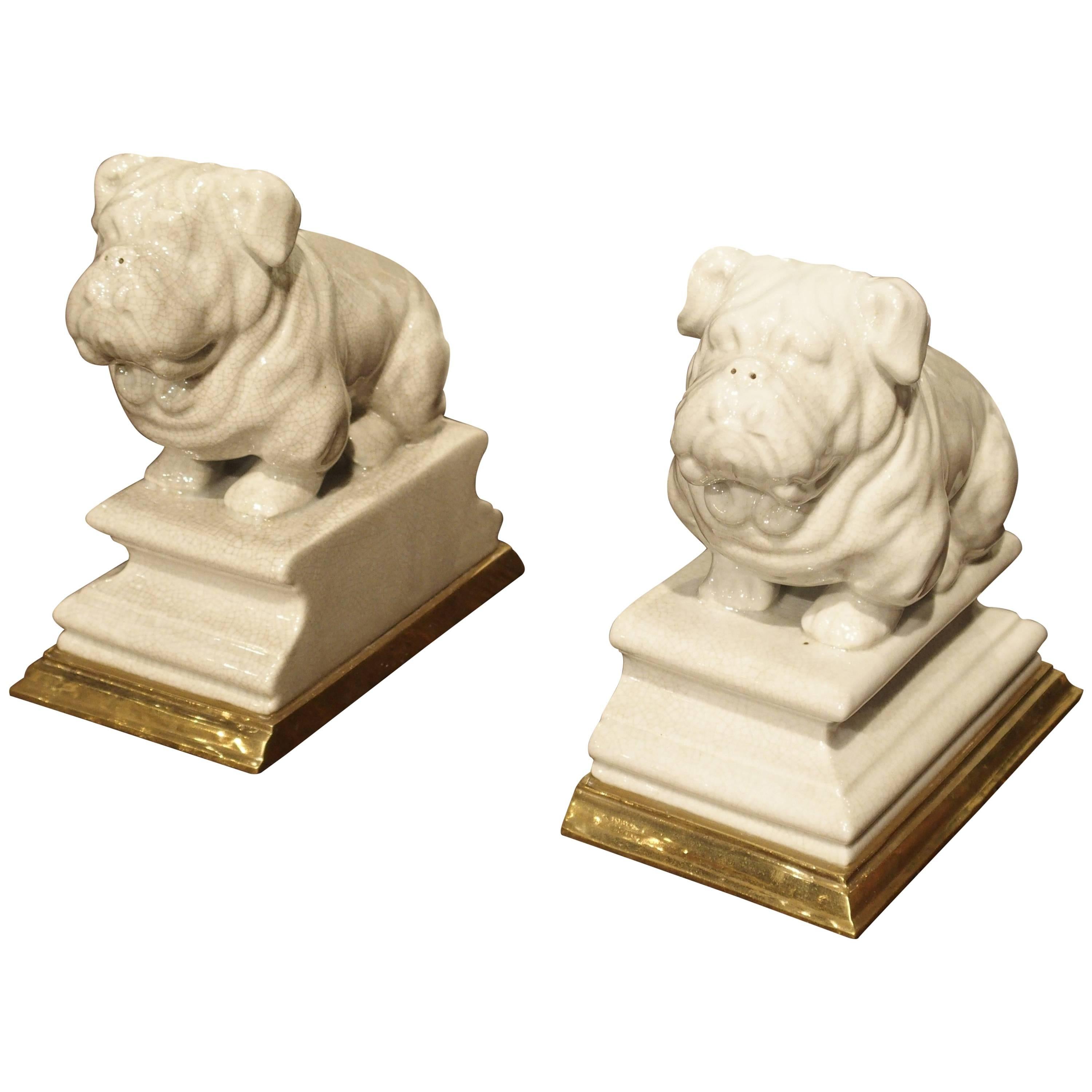 Pair of Porcelain and Bronze Bulldog Bookends from France