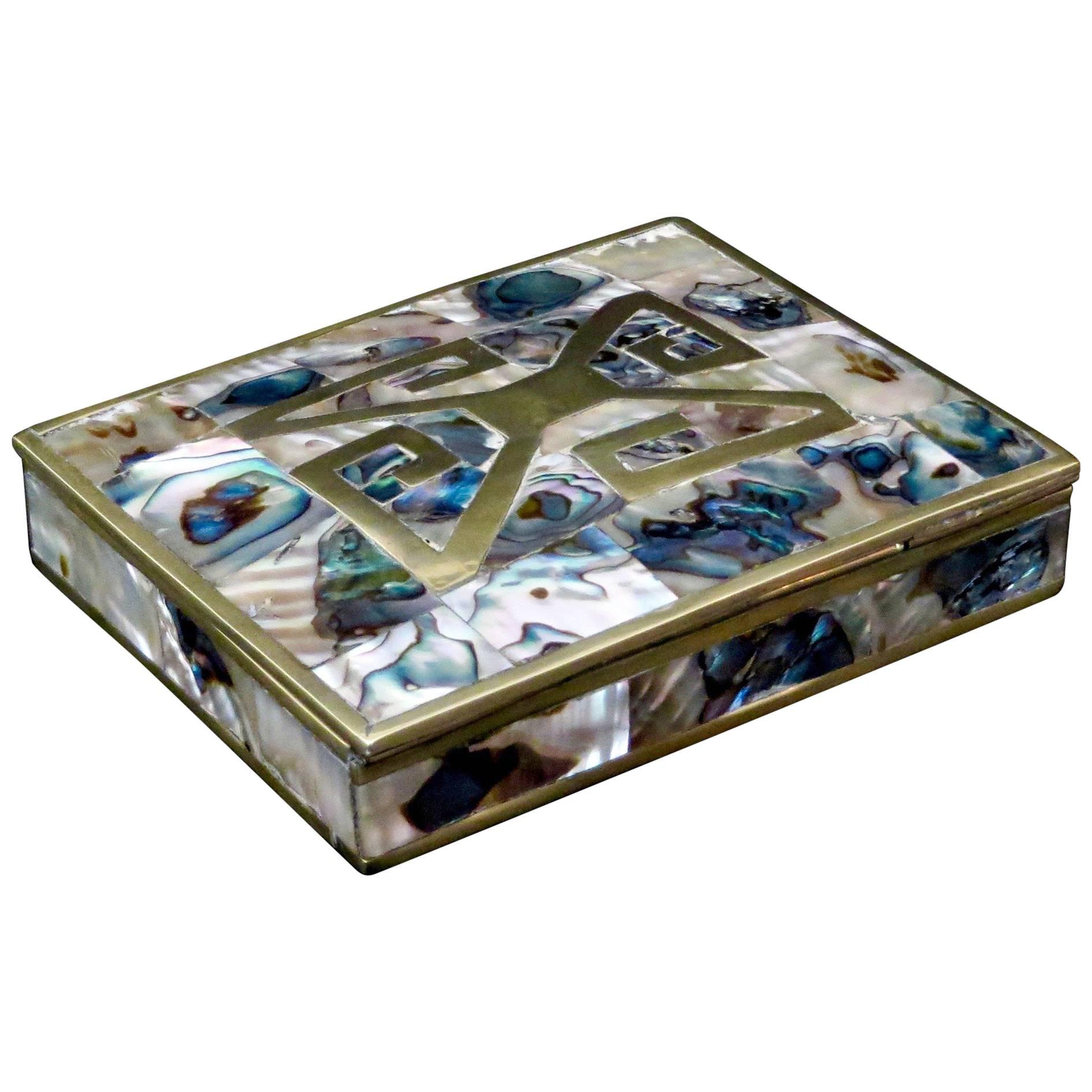 Sterling and Brass Box with Abalone Inlay and Rosewood Interior Taxco, Mexico