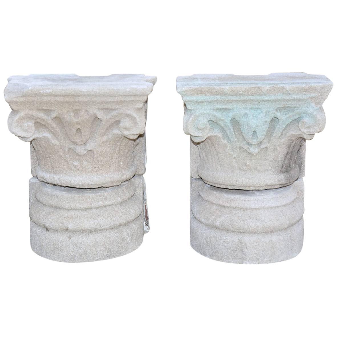 Pair of Antique Carved Stone Capitals and Bases