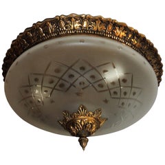 Wonderful French Vintage Neoclassical Bronze Etched Glass Flush Mount Fixture