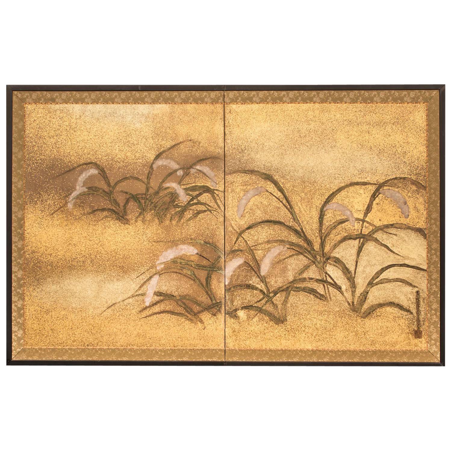 Japanese Two-Panel Screen, Millet Design with Gold Dust