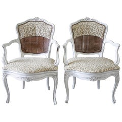 Pair of Antique Country French Cane Chairs with Leopard Upholstery