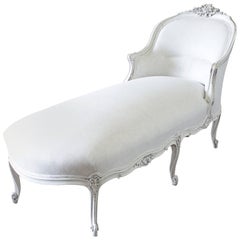 19th Century Carved and Painted Walnut Chaise Longue in Belgian Linen