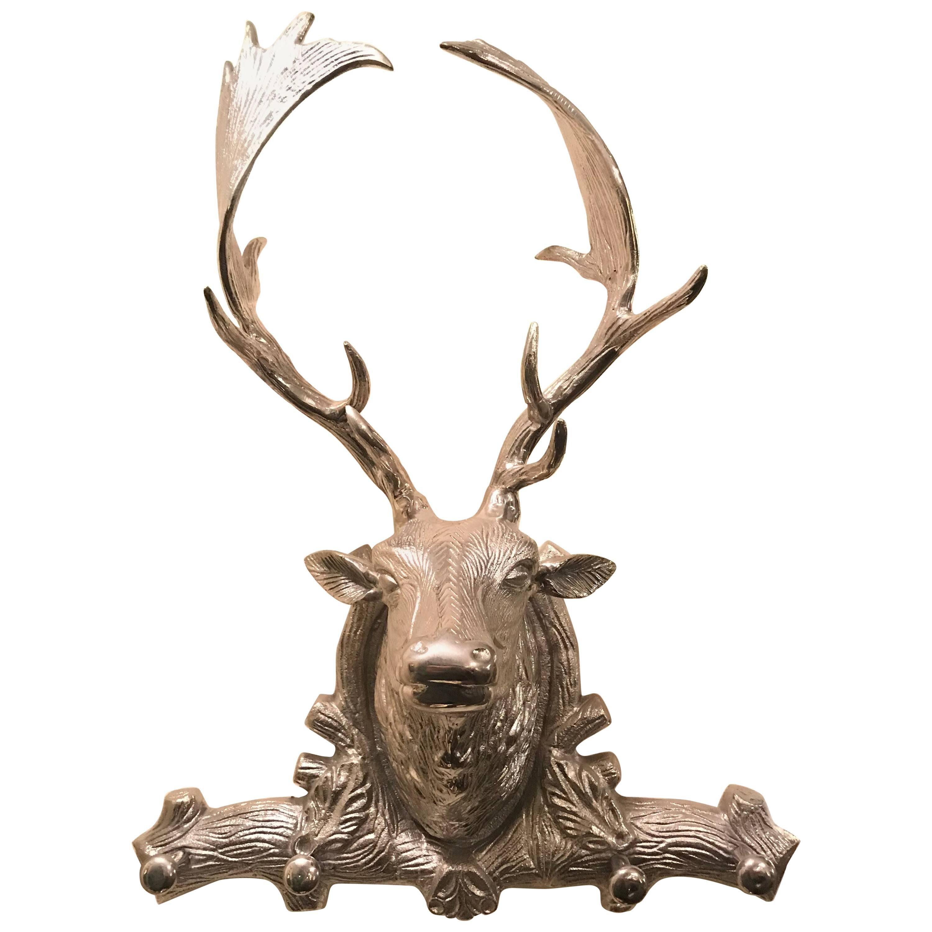 Hollywood Regency Style Silver Metal Antelope Coat Rack