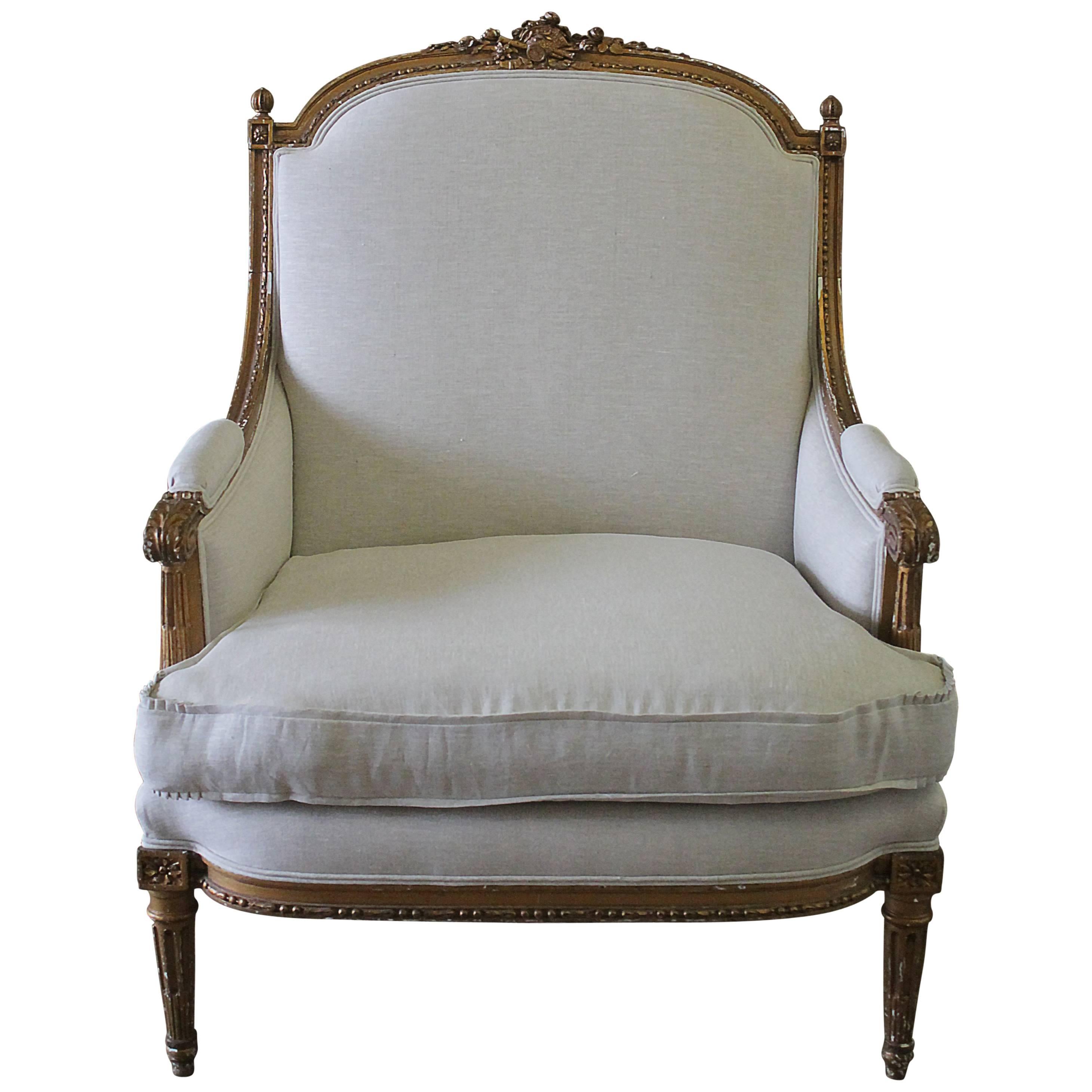 19th Century Antique Giltwood Louis XVI Style Bergere Chair Upholstered in Linen