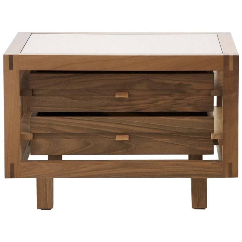 "Optimum" Walnut Two Drawers Bedside Table by Stephane Lebrun for Dessie'