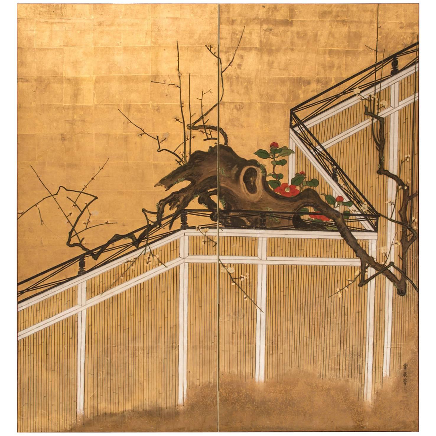 Japanese Two-Panel Screen, Camellia and Plum Blossom over Garden Fence For Sale