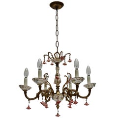Gilt Iron with Porcelain Flowers Chandelier