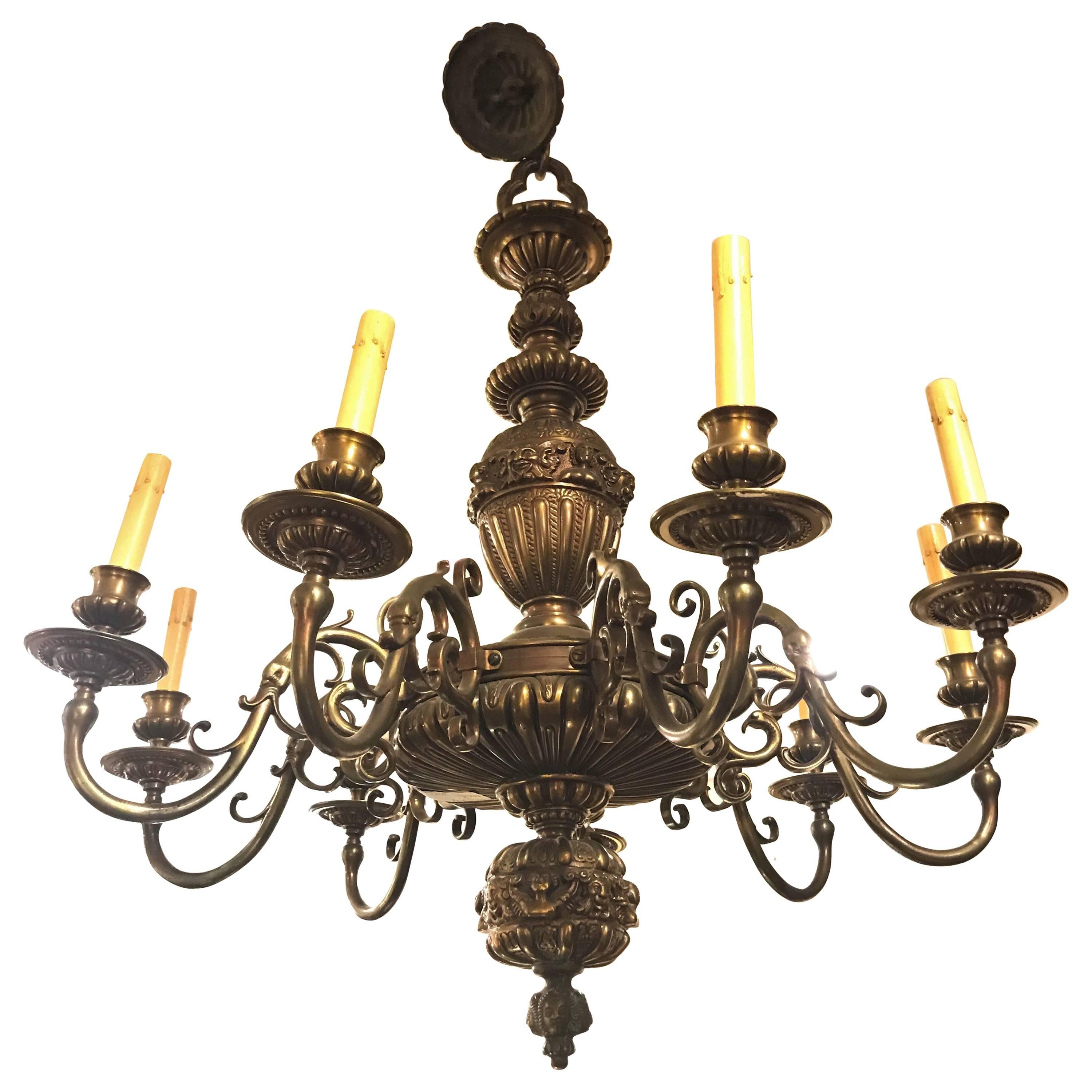 Nine-Arm Renaissance Style Cast Repousse Design Large Bronze Chandelier