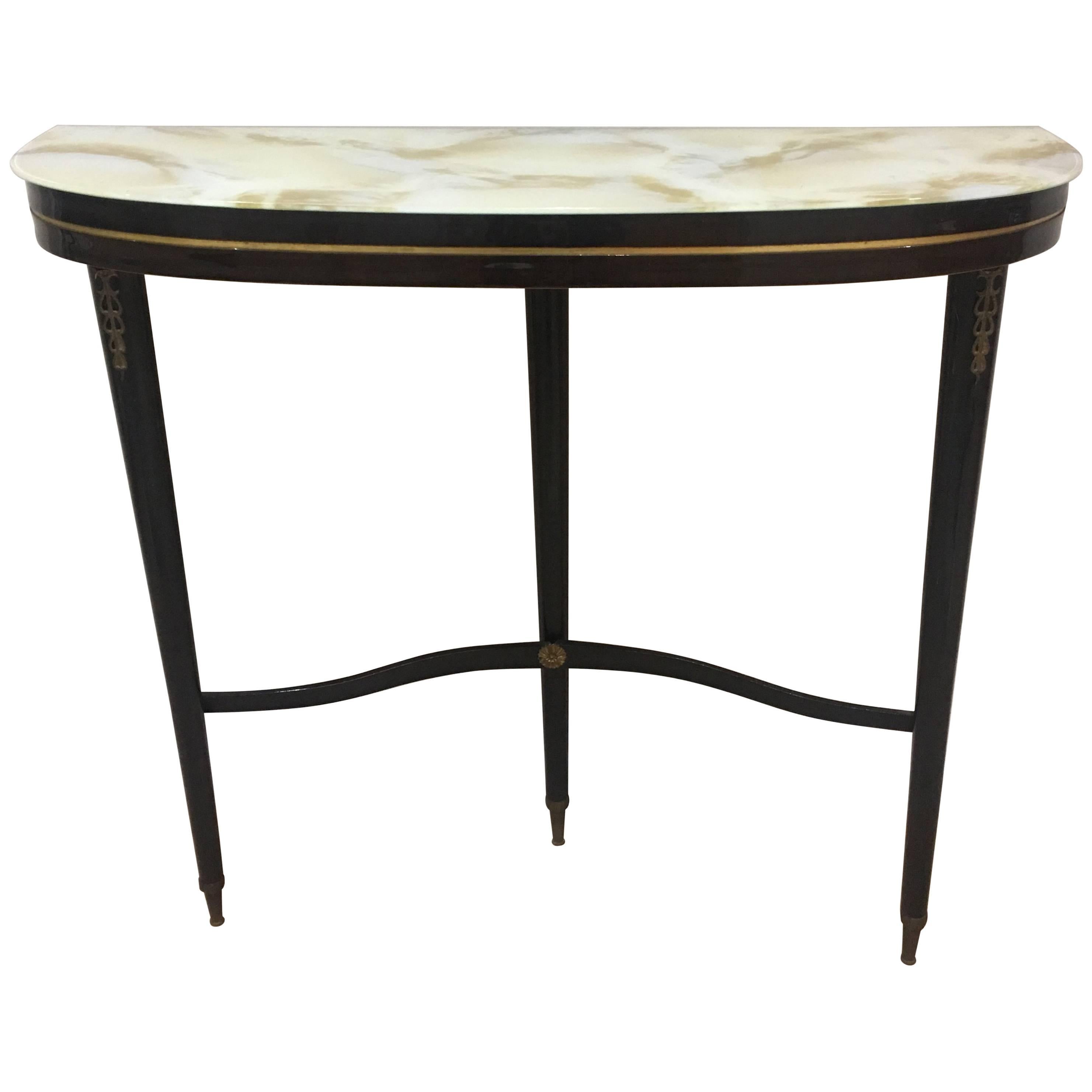 Italian Demilune Black Wooden Console Table with a Glass Top