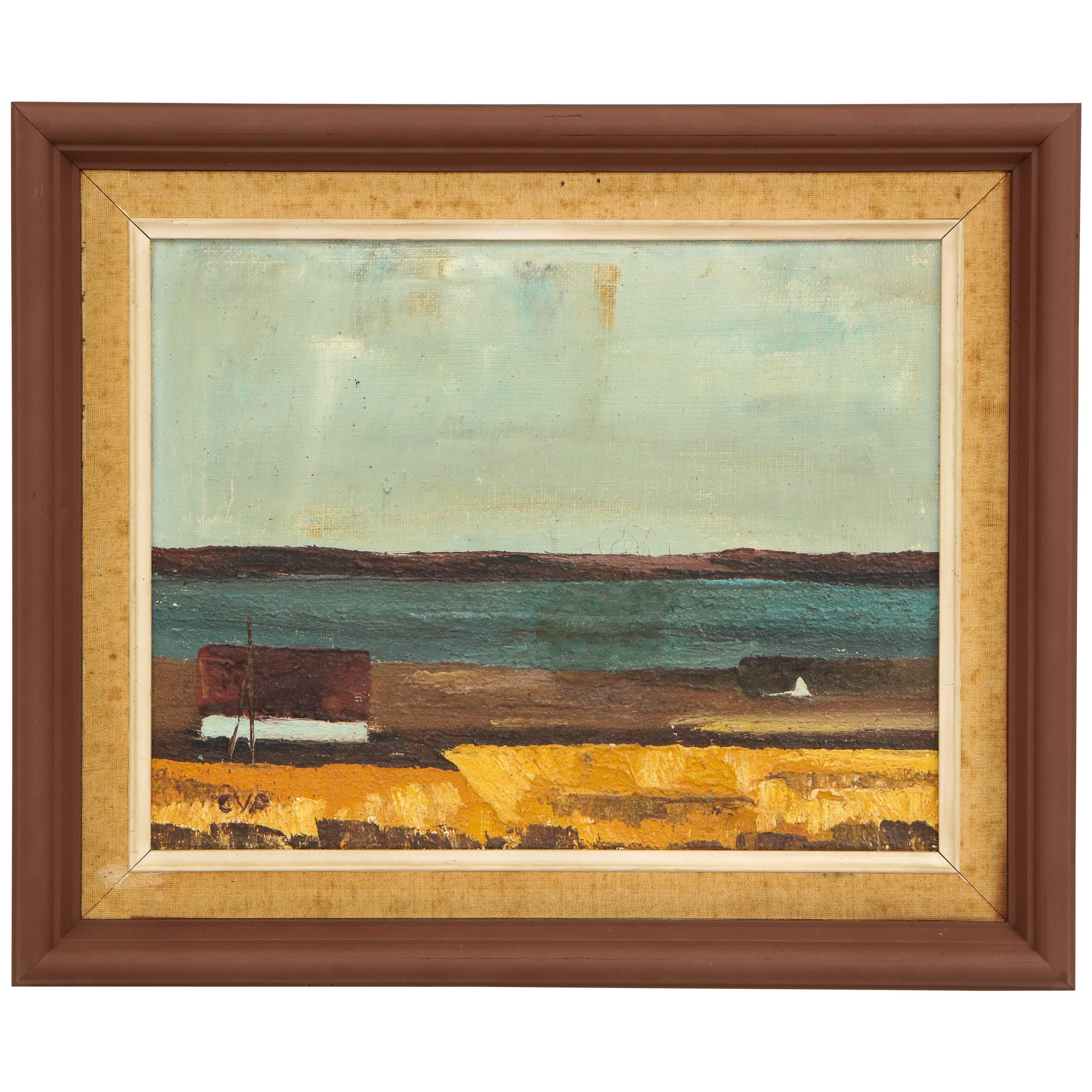 Wood Framed Vintage Landscape with Seaside Scene with House