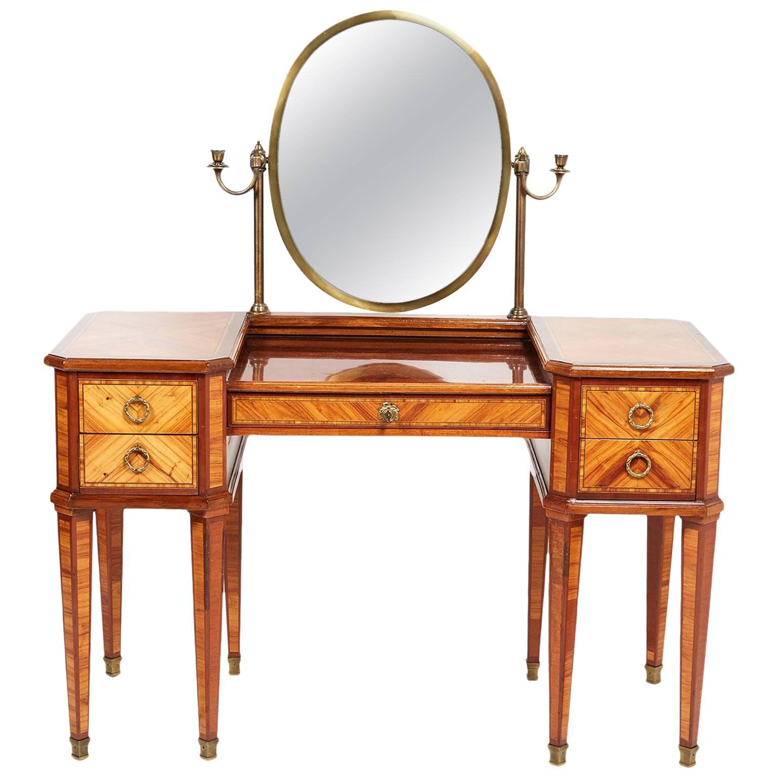 Antique French Mid-20th Century Highly Inlaid Mahogany and Kingwood Vanity