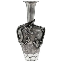 Antique 19th Century Chinese Unusual Solid Silver Dragon Vase, circa 1860