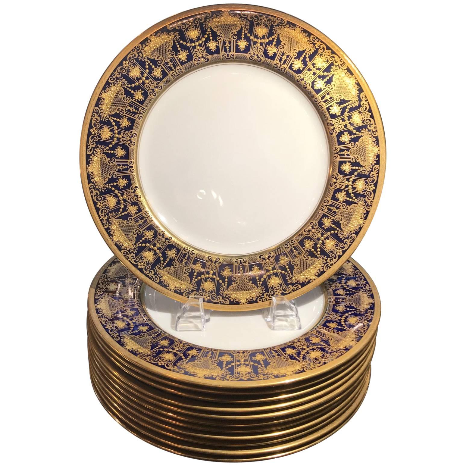 Set of 12 Luxurious Raised Gilt and Cobalt Service Plates, circa 1910