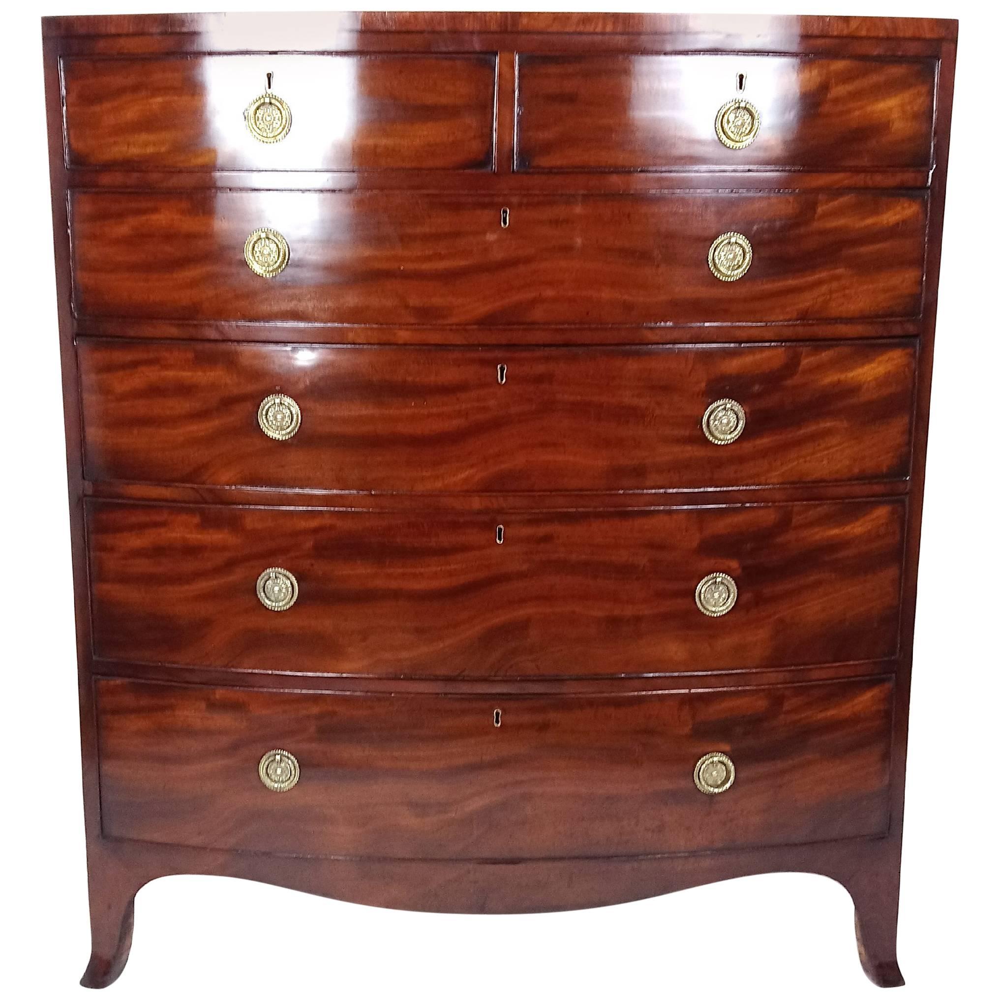 George III Large Figured Mahogany Bow Fronted Chest of Drawers