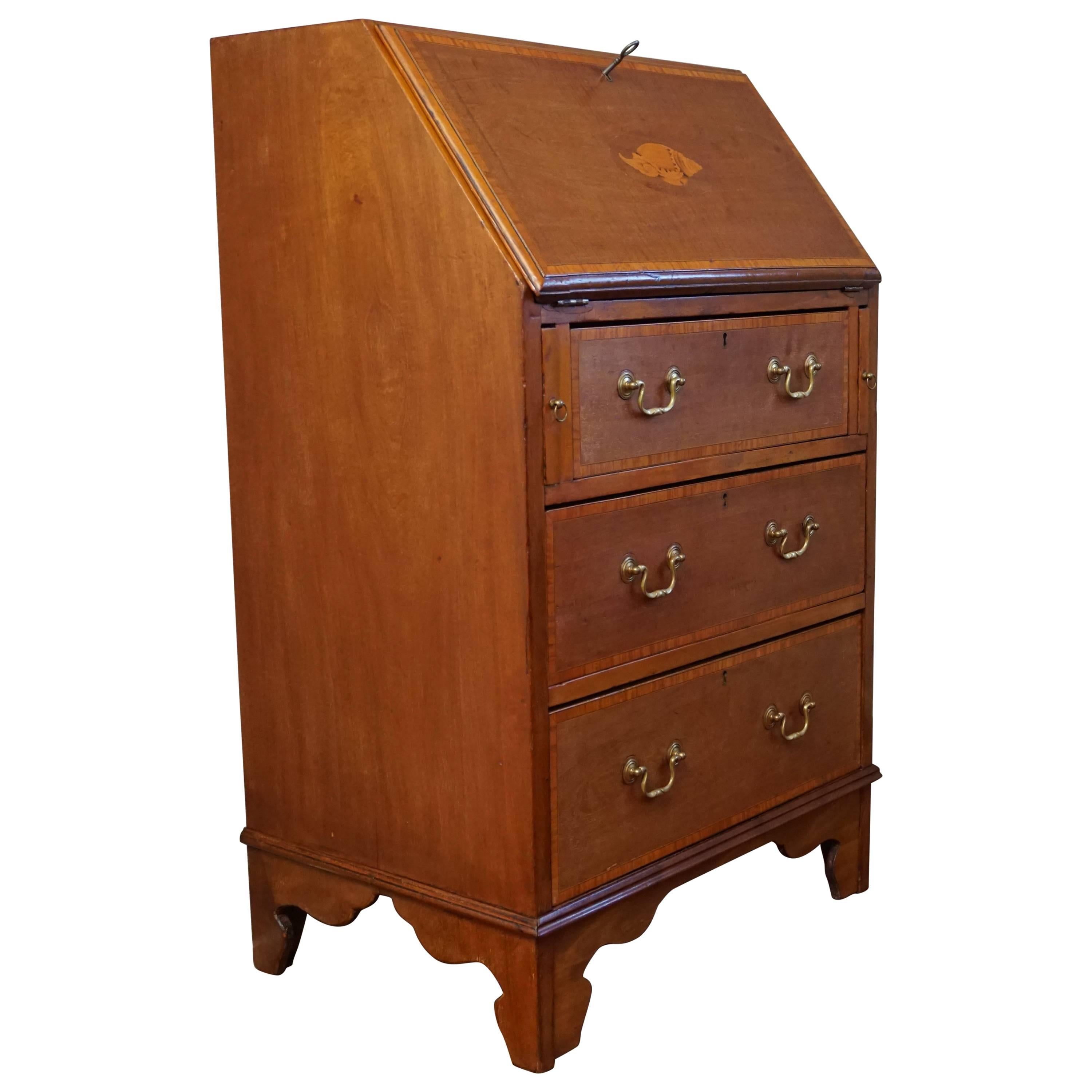Antique Walnut Secretaire Ladies Desk by Pioneer of Liverpool w. Inlaid Shell  For Sale