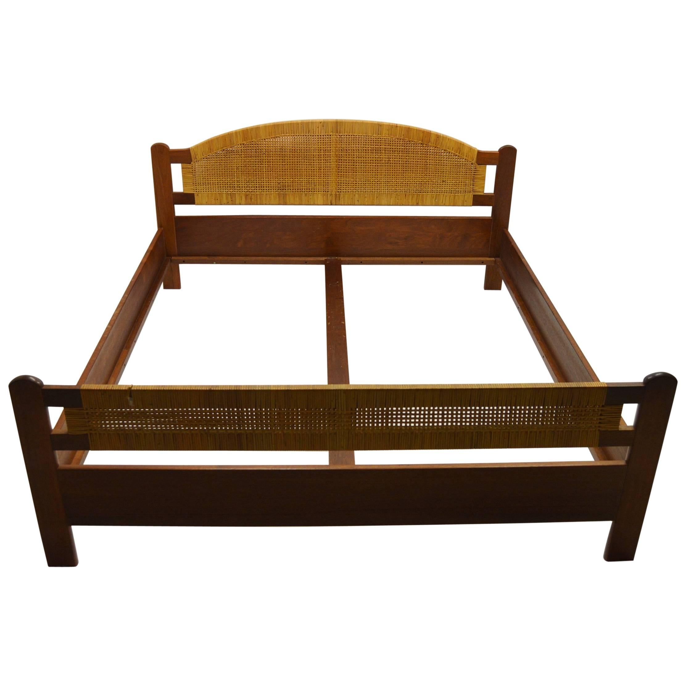 Danish Teak and Rattan Double Bedframe from circa 1960s For Sale