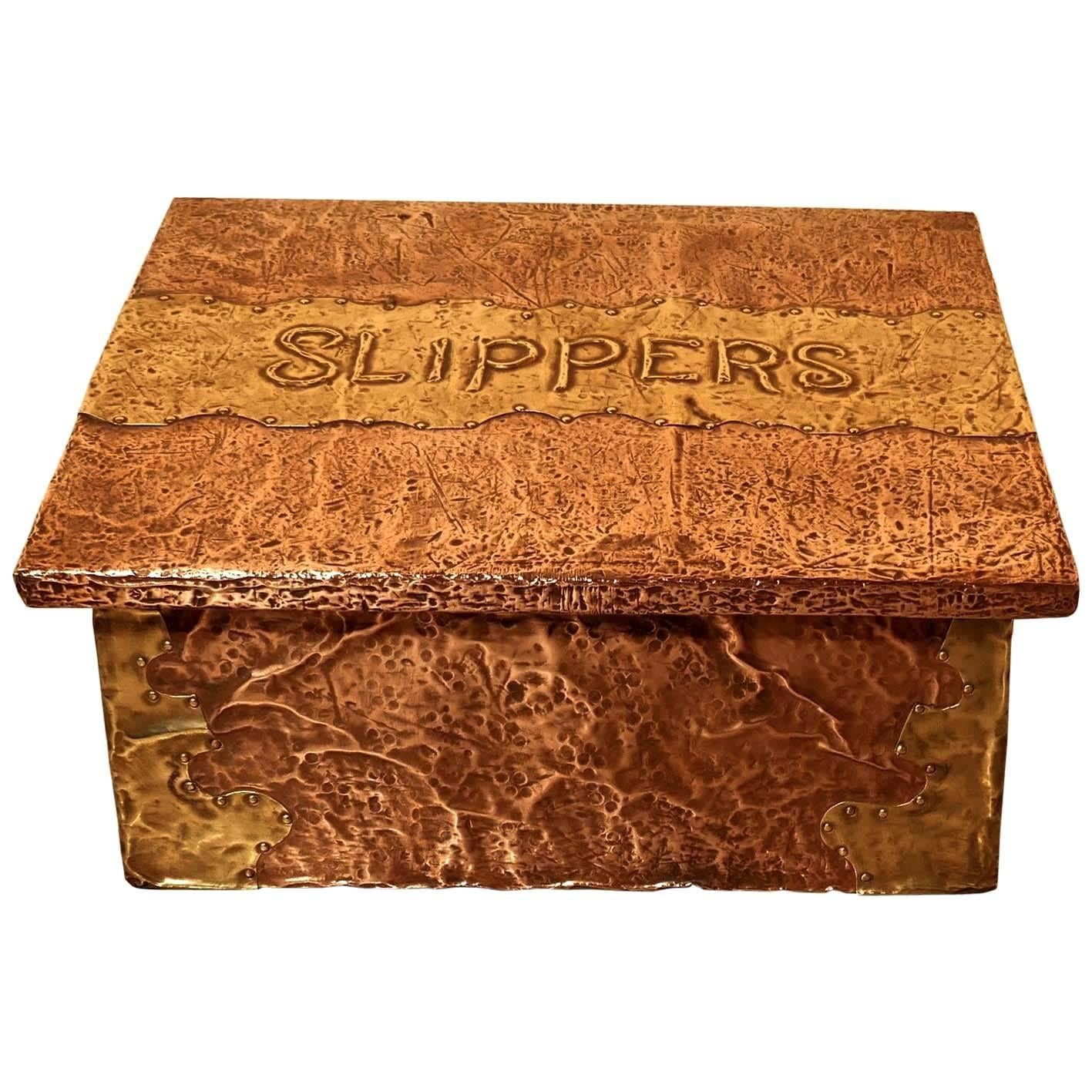 Arts 
Crafts Hand Beaten Copper and Brass Fireside Slipper Box