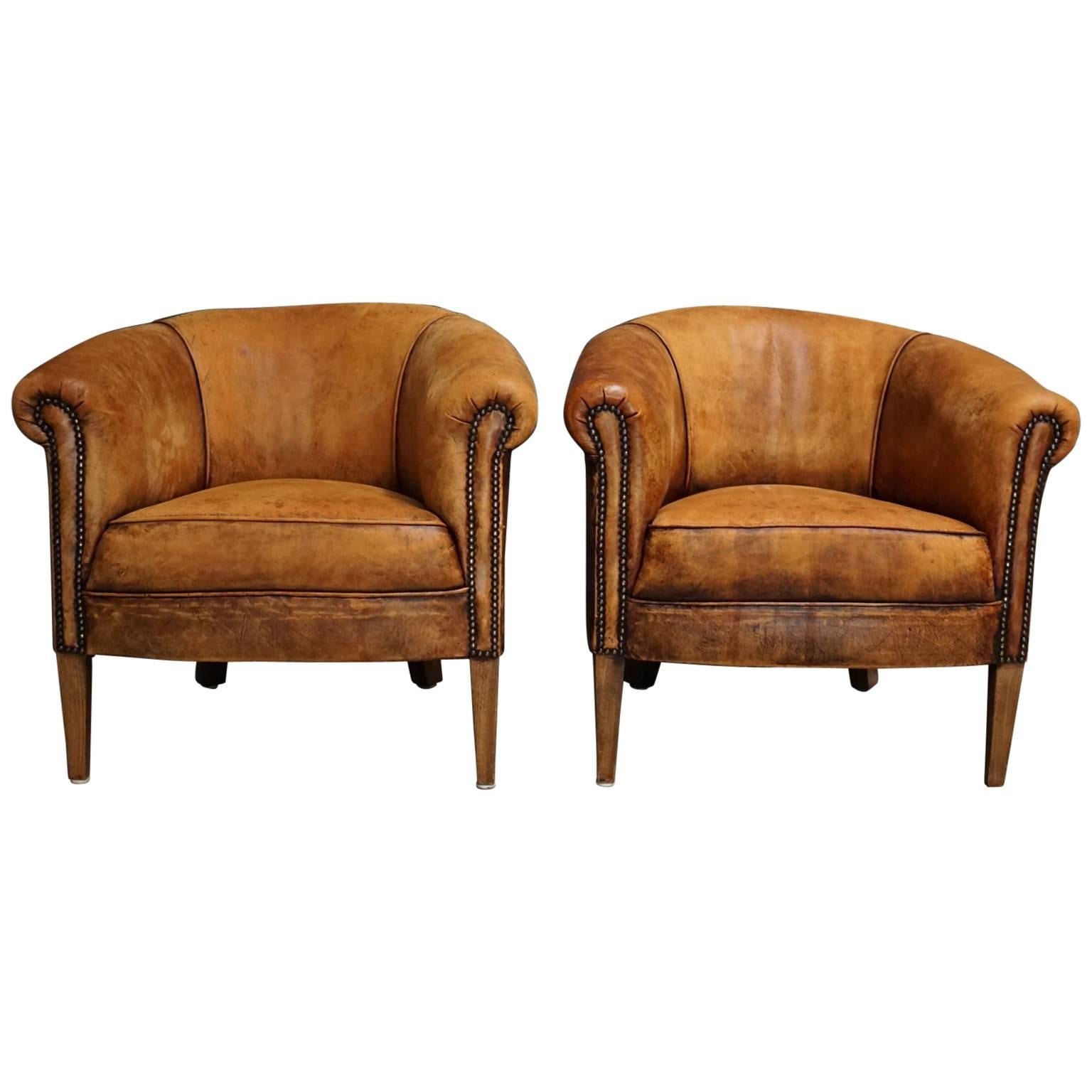 Vintage Dutch Cognac Leather Club Chairs, Set of Two