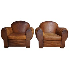 Vintage French Cognac Leather Club Chairs, Set of Two