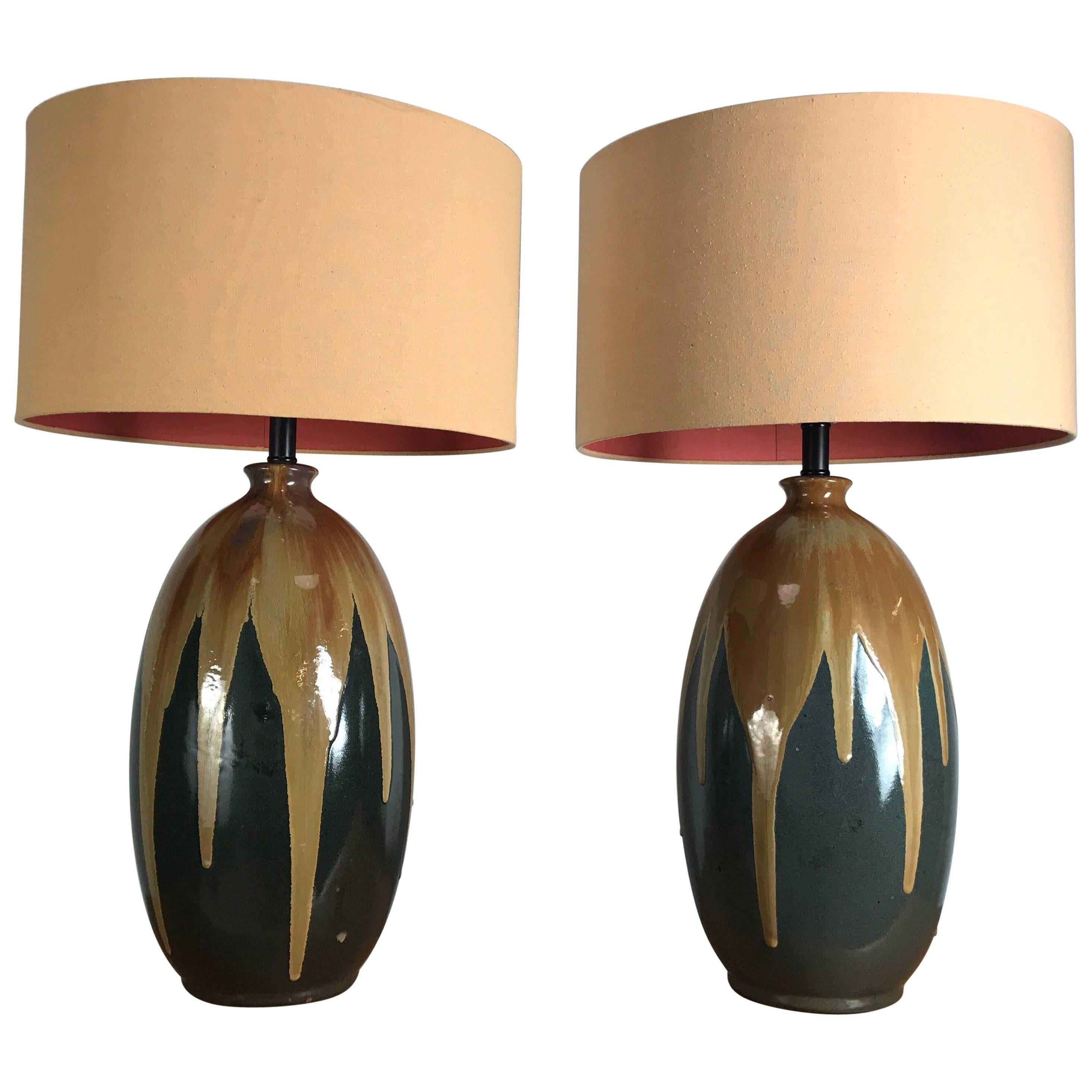 Pair of Large Drip Glaze Pottery Lamps