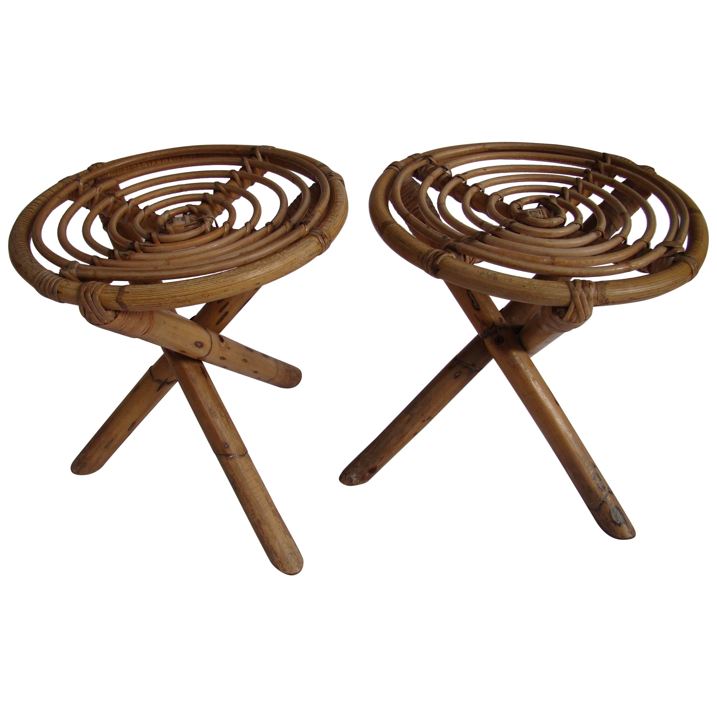 1960s Pair of French Rattan Stools For Sale