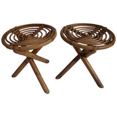 1960s Pair of French Rattan Stools