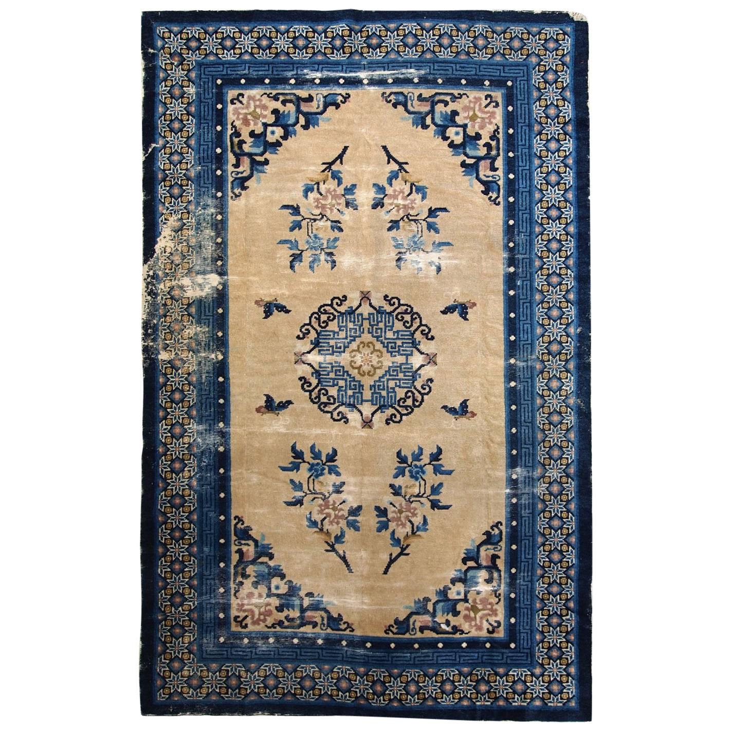 Handmade Antique Peking Chinese Destressed Rug, 1880s, 1C275 For Sale